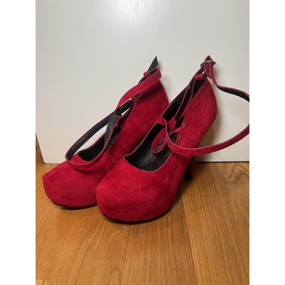 Dimanxi Platform Mary Jane Heels Womens Size 8 Red Faux Suede Ankle Strap Pumps - Picture 3 of 13